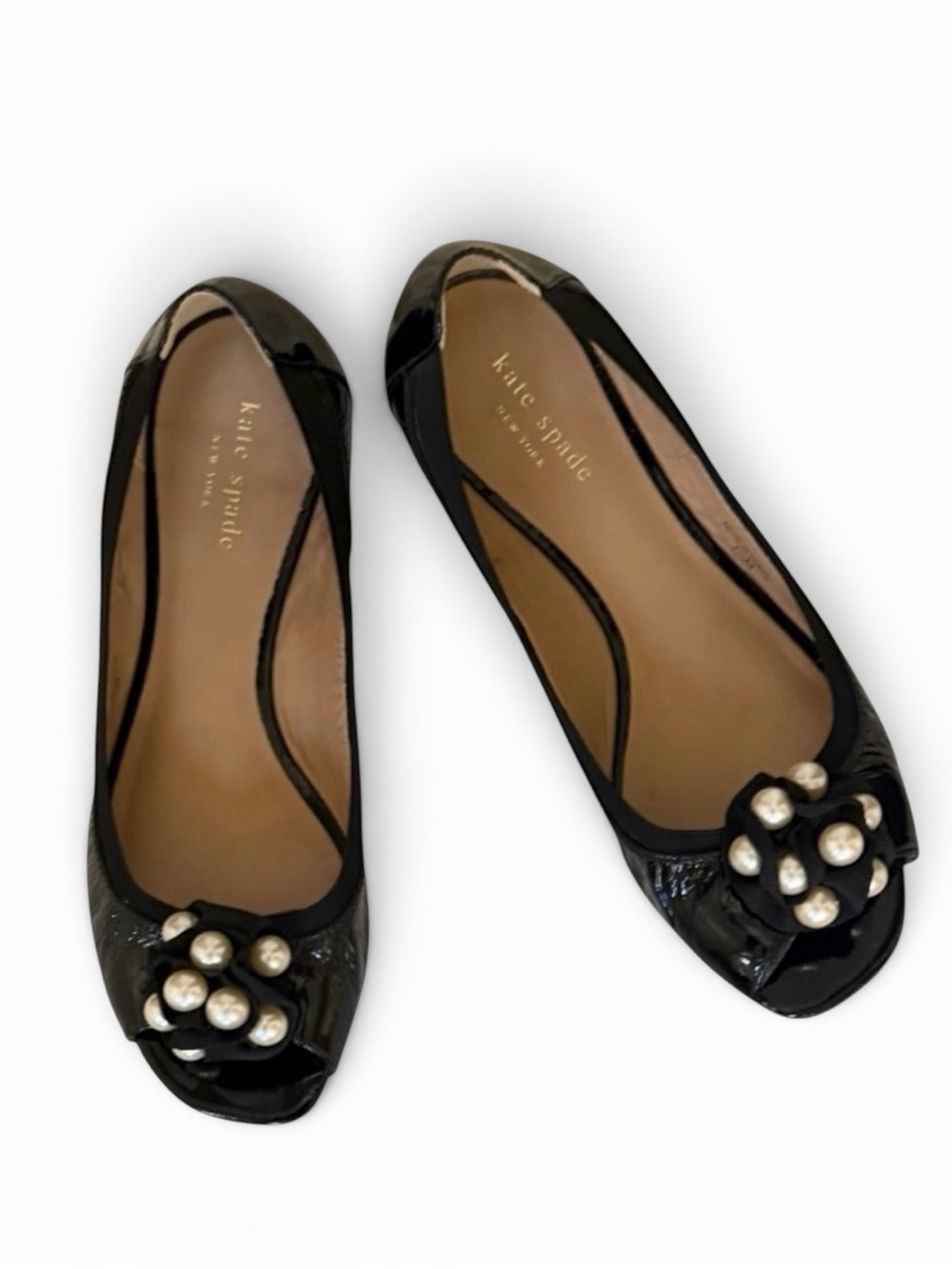 kate spade Black Patent Leather Pearl Embellished Peep-Toe Ballet Flats Size 7.5
